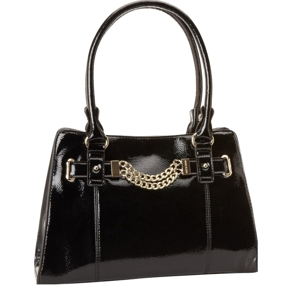 NWT Anne Klein Black Patent Faux Leather Chain Satchel Bag Queen Elizabeth Style